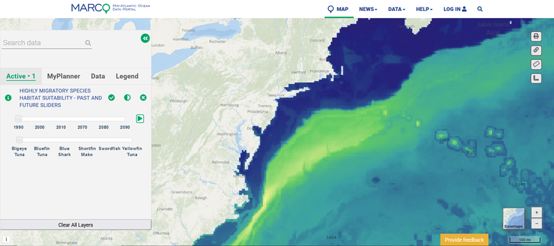 A map showing bigeye tuna habitat suitability