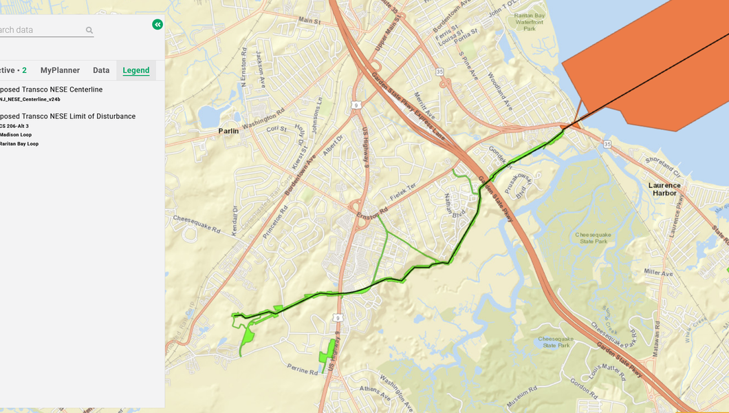 A map of a pipeline route making connection to land in New Jersey