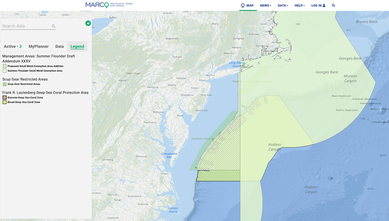 The Management Areas: Summer Flounder Draft Addendum XXXV map layer shown with the Frank R. Lautenberg Deep Sea Coral Protection Area and Scup Gear Restricted Areas layers.