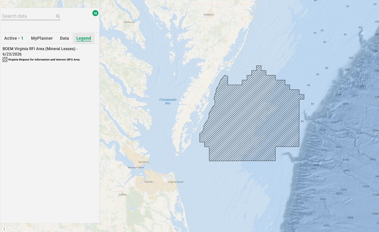 A map showing a zone off the coast of Virginia that is being evaluated for potential marine minerals leasing.