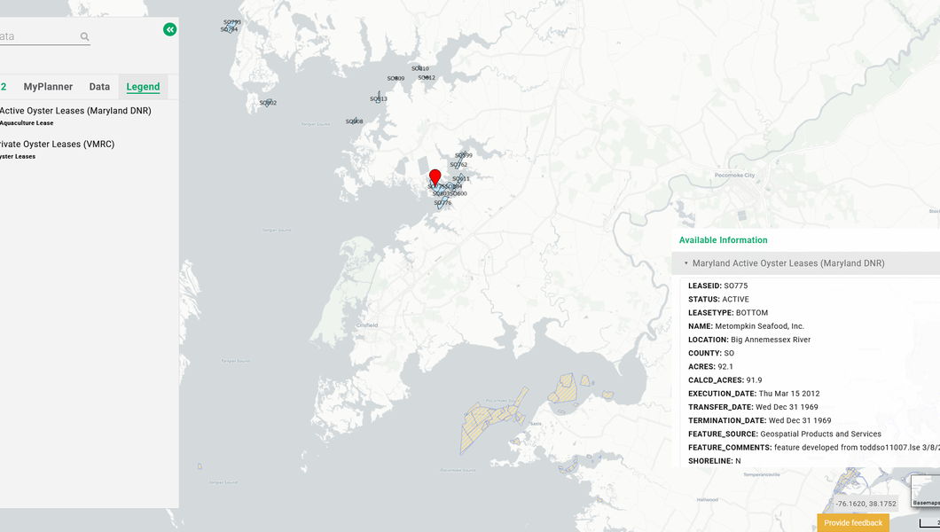 A map showing aquaculture lease areas in Maryland and Virginia