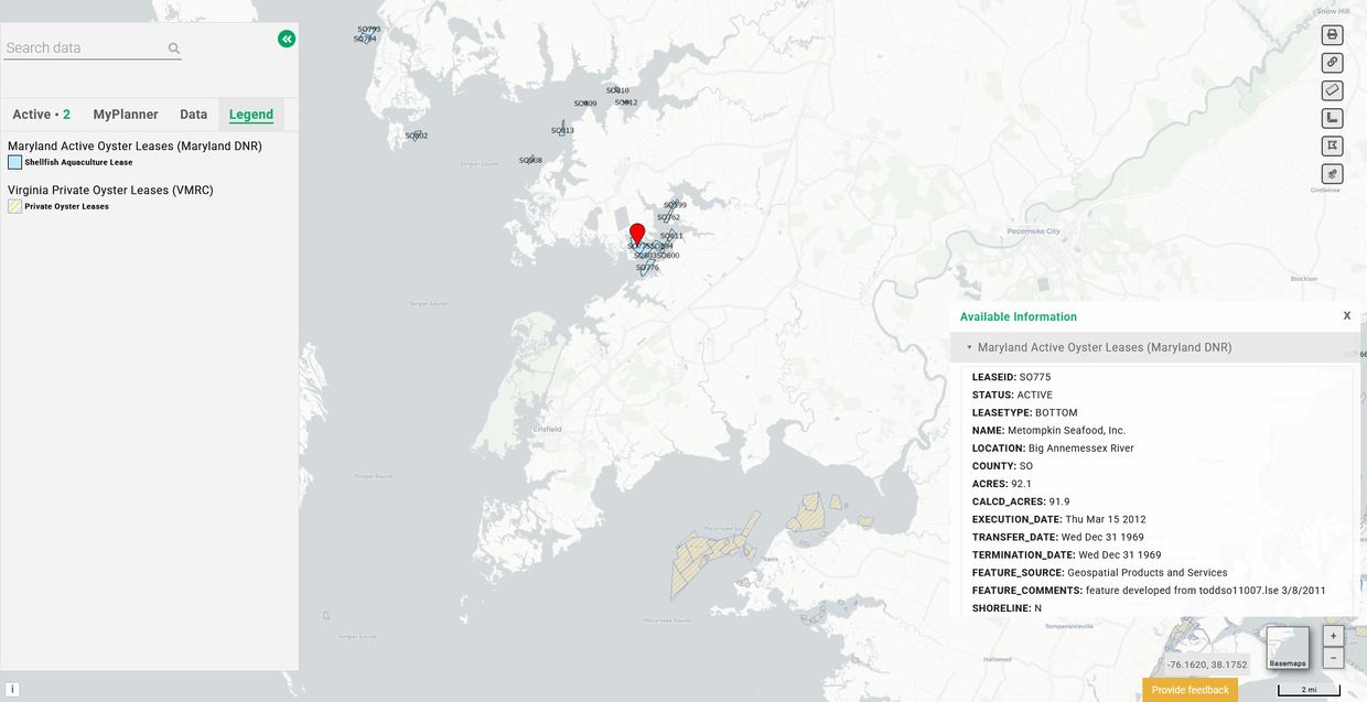 A map showing aquaculture lease areas in Maryland and Virginia