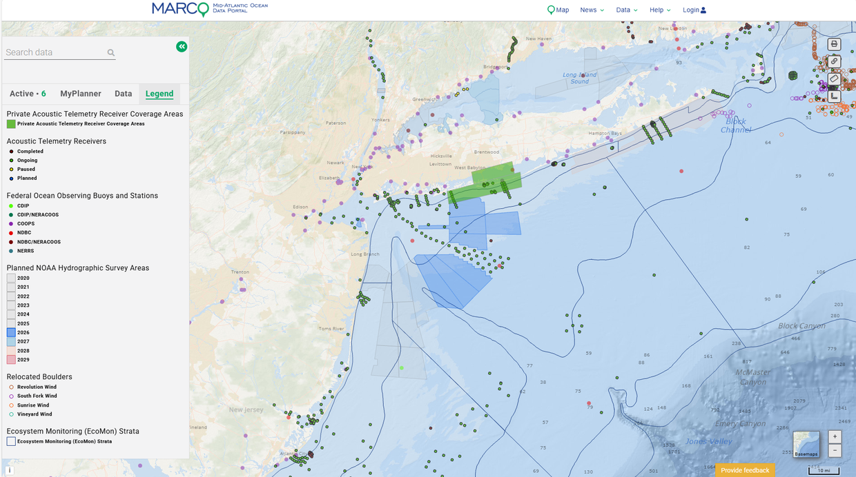 A map showing marine life monitoring and research planning areas in the New York Bight.