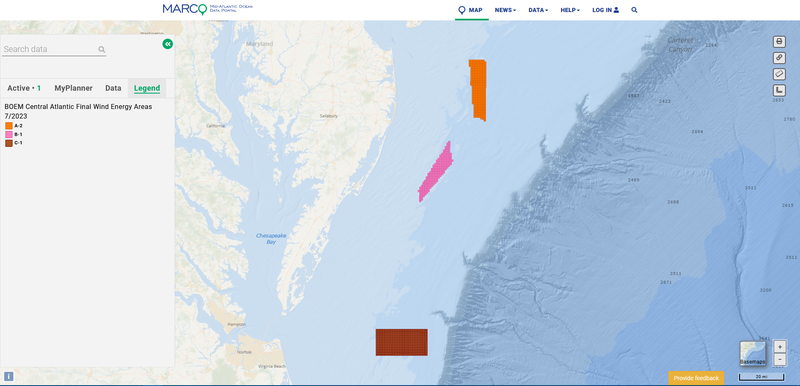 A map showing the Central Atlantic final WEAs.