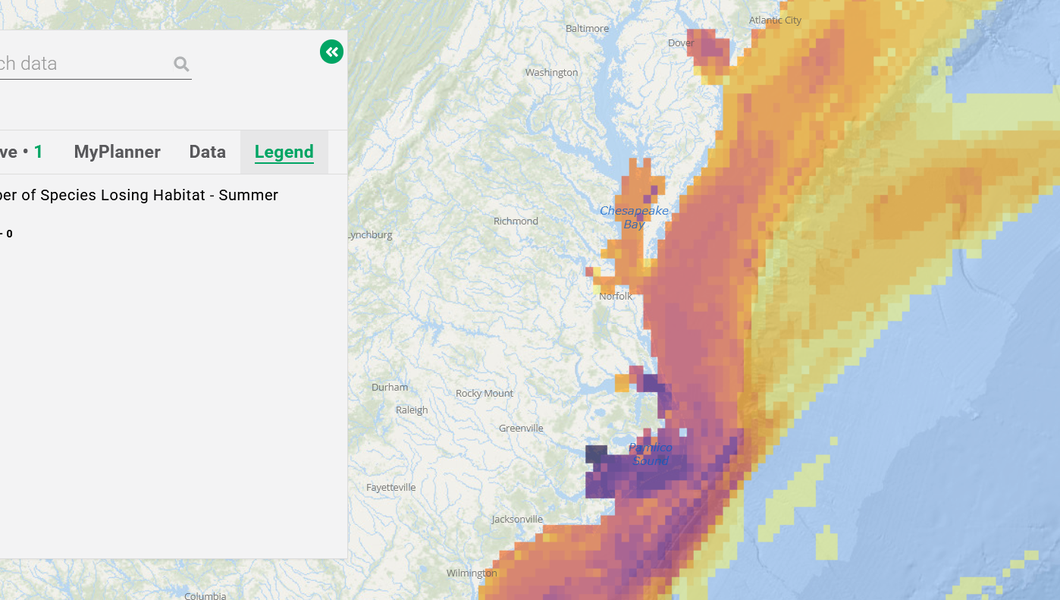 A map predicting the number of highly migratory species that will lose habitat in areas off the Mid-Atlantic coast in summer months..