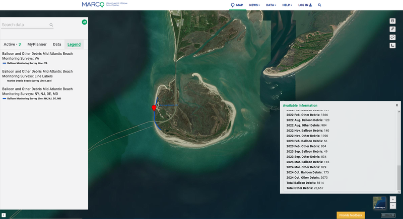 A map showing stats for marine debris found on Fisherman Island in Virginia.