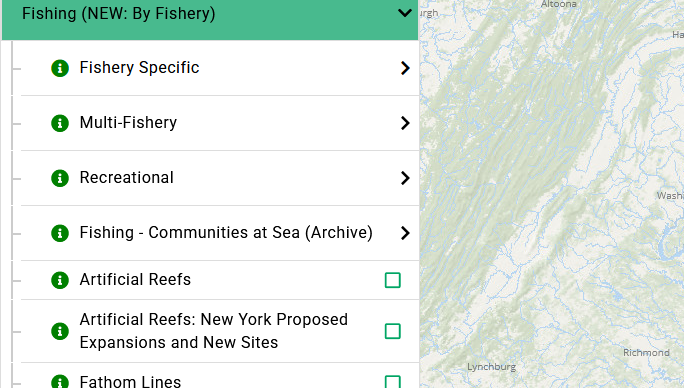 A screen clipping showing the position of the new Fishing theme in the Portal's data list
