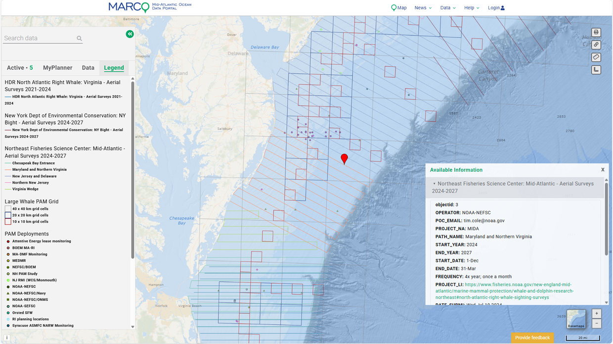 A map showing marine life monitoring and reserach planning areas off the Delmarva coast.