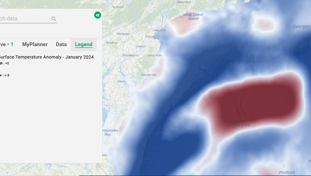 A map showing sea surface temperature anomalies in Mid-Atlantic Waters in January 2024