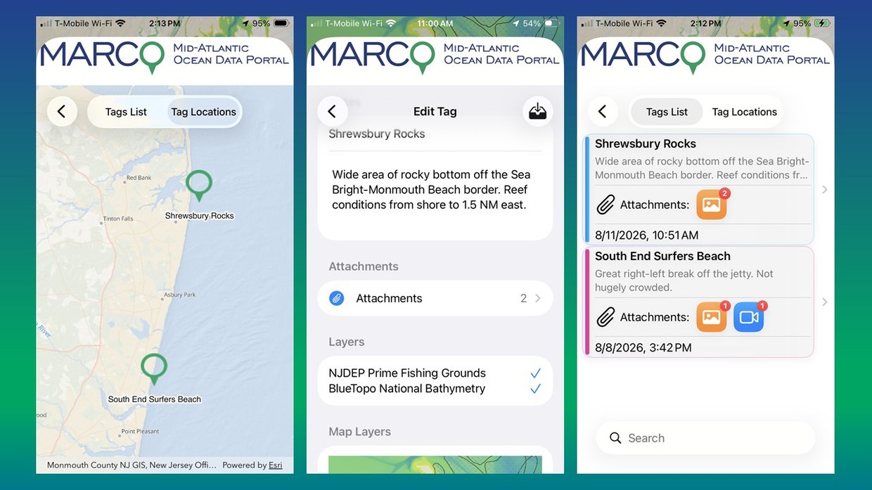 An image containing three screen shots from the Mid-Atlantic Ocean Data Portal's mobile app.