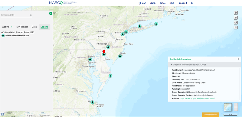 A map showing the locations of offshore wind ports as of 2023.