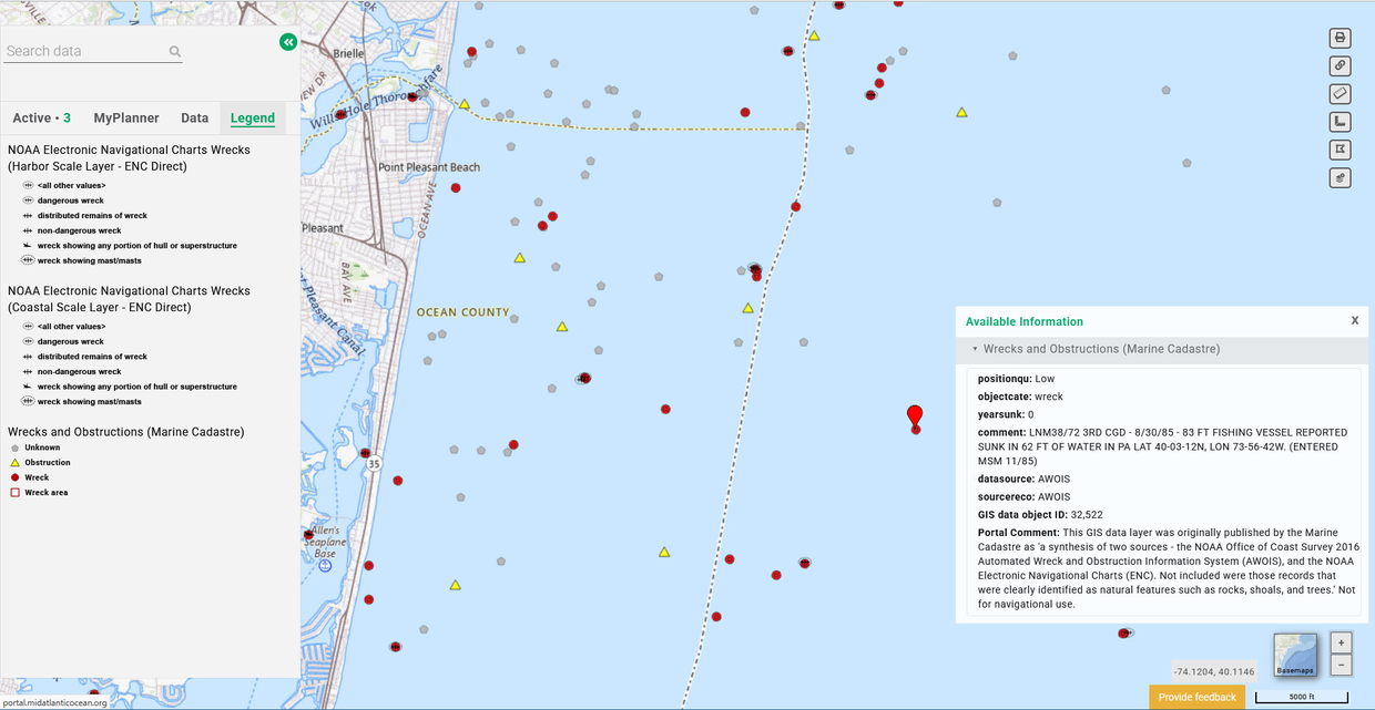 A map showing sites of known shipwrecks and obstructions in waters off Ocean County, NJ